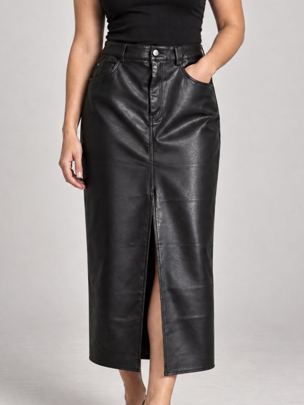 NWOT Stradivarius Black Faux Leather Midi Skirt Front Slit High Waist US 10 / L